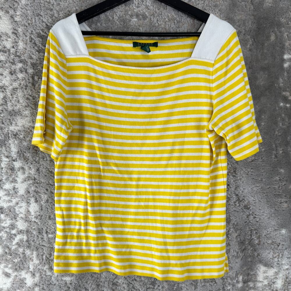 Lauren Ralph Lauren Size XL Striped Square Neck Casual Top Yellow Short Pullover
